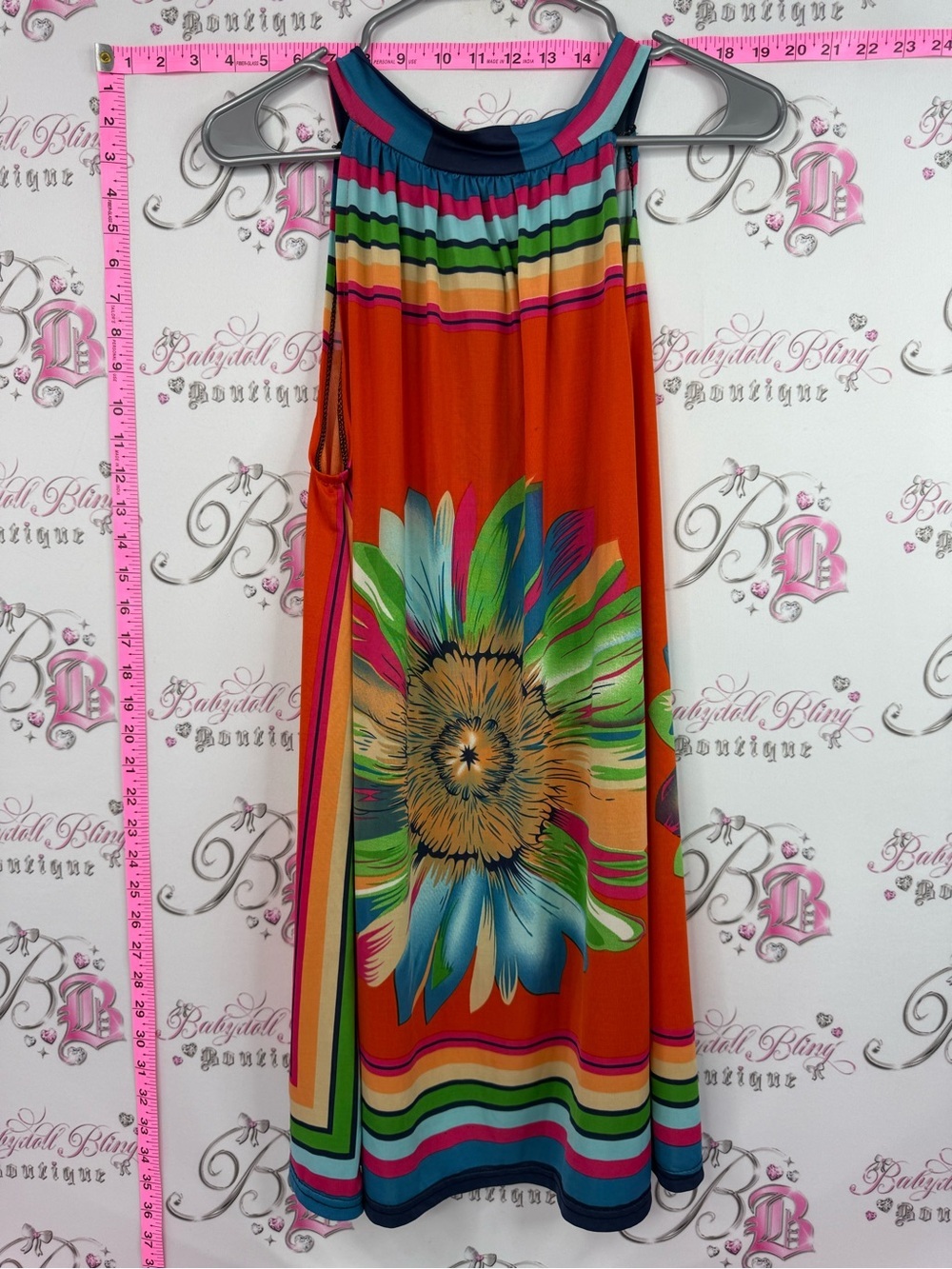 Dress tie up Bright Orange Floral Midi Halter Dress with Multicolor Bloom